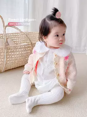 Korean children's clothing female baby spring and autumn sweet knitted cardigan baby Western style hand-embroidered wild top jacket