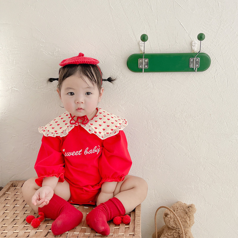 Baby clothes spring and autumn dress female baby Yang red haar clothes for hundreds of days to grab out crawling clothes for weeks