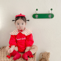 Baby clothes Spring and autumn clothes conjoined womens baby Yangqi red khaclothes for Chinese New Year clothes for 100 days catching Zhou out for climbing clothes