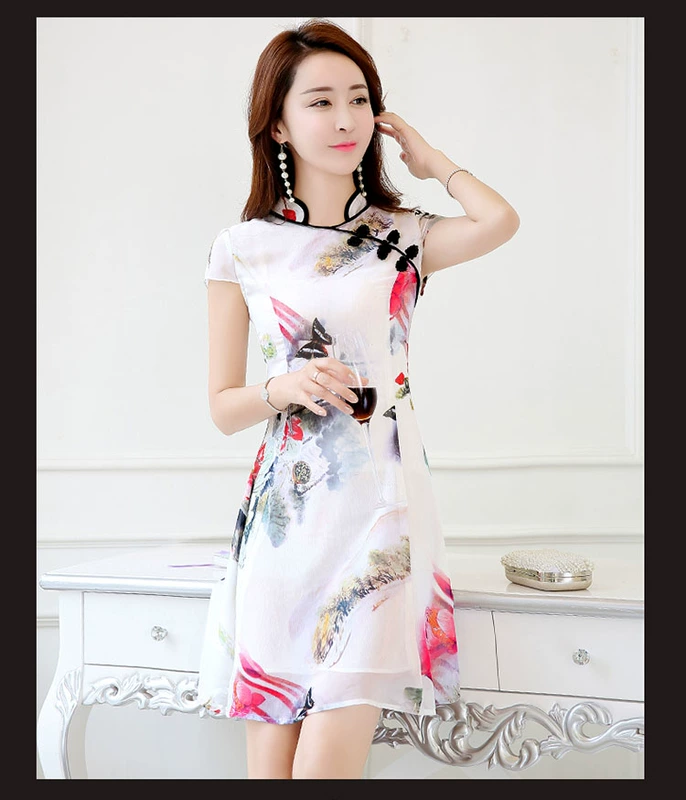 Mát gamma mới thanh lịch mỏng giảm béo ngắn- tay thời trang thời trang cải thiện cheongsam đầm