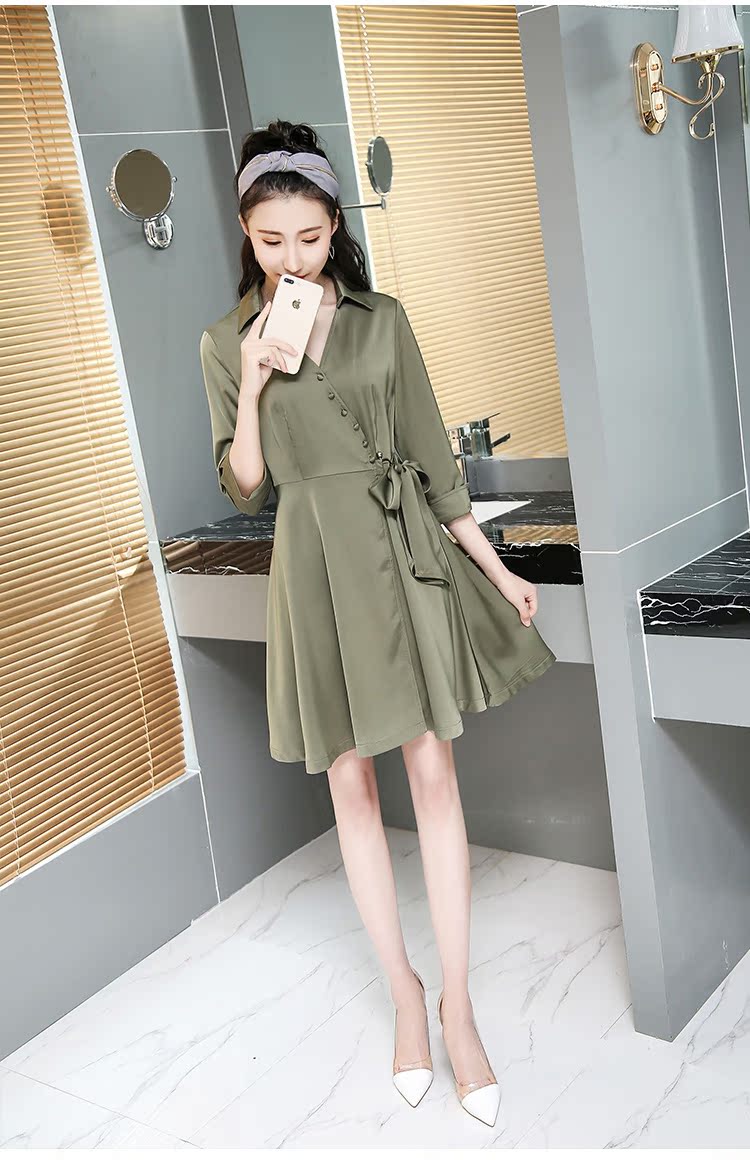 Mát mẻ jia mới thanh lịch khí chất V-cổ cà vạt tay áo bảy điểm rắn màu áo dài 7825 đầm dự tiệc