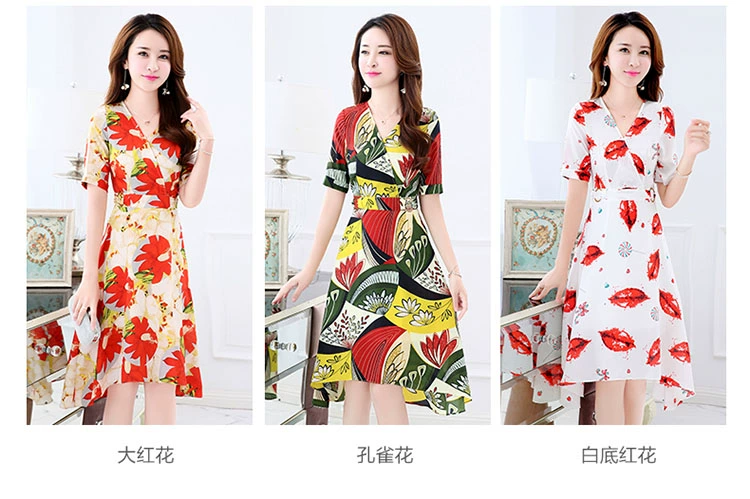 Cool ga hè mới sản phẩm set đồ ở eo V-cổ họa tiết voan tay dài năm điểm đầm dáng dài 1786