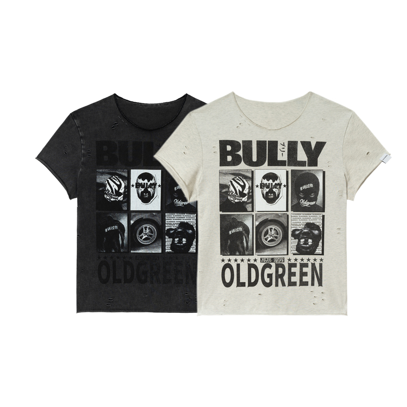 Oldgreen Bully Series American Street Style Distressed Wash-Finished Short-Sleeve Slim Fit T-Shirt