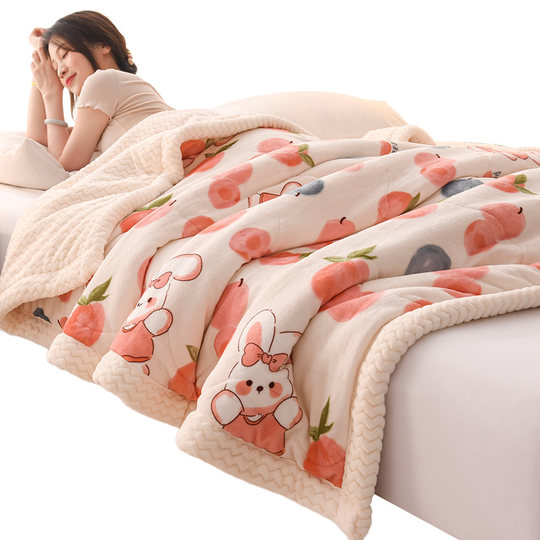 Coral Fleece Blanket Quilt, Winter Three-Layer Thickened Flannel Milk Fleece Blanket for Bed, Air Conditioning Cover Blanket for Nap