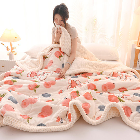 Coral Fleece Blanket Quilt, Winter Three-Layer Thickened Flannel Milk Fleece Blanket for Bed, Air Conditioning Cover Blanket for Nap