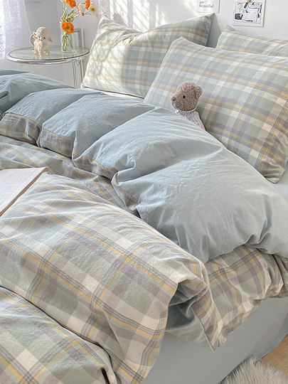 Washed Cotton Four-Piece Bedding Set, Pure Cotton, Brushed Cotton Duvet Cover, Dormitory Single Bed Sheet, Three-Piece Duvet Cover Set, Fitted Sheet Style