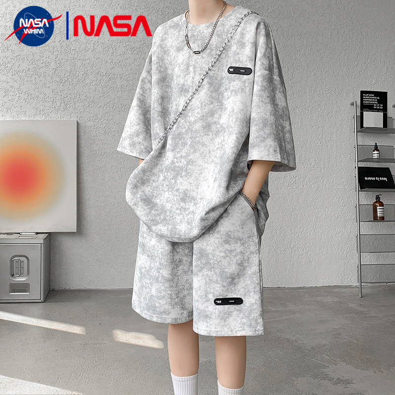 Nasa Collaboration Japanese Cityboy Casual Sports Short-Sleeve Set for Men, Summer Tie-Dye Versatile Lazy Two-Piece Set