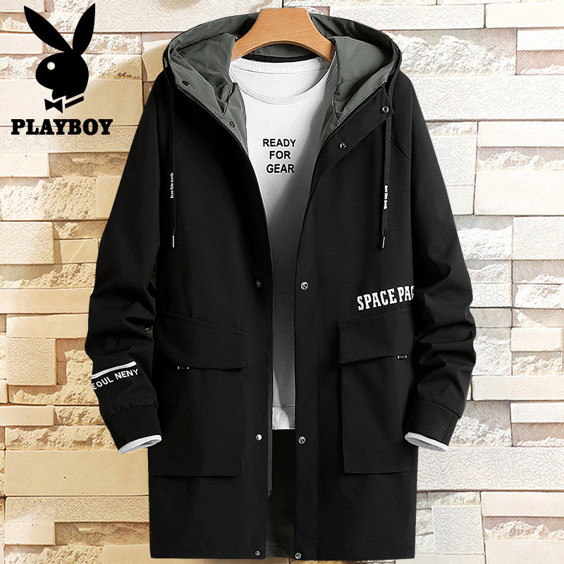 Flowers Playboy with cap windsuit men in the middle of a long style Tide Handsome Autumn Coat Jacket Jacket Men's Spring and Autumn Festival-Taobao
