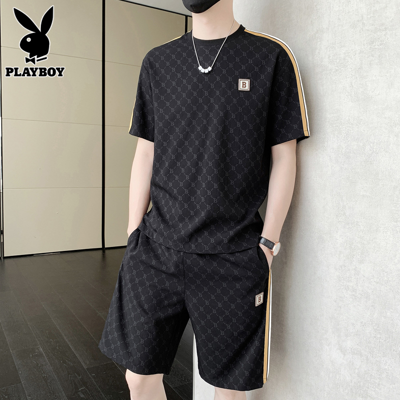 Playboy Trendy Men's Suit for Summer with Printed Stylish Short-Sleeved Shorts, Casual Sports Outfit for Men
