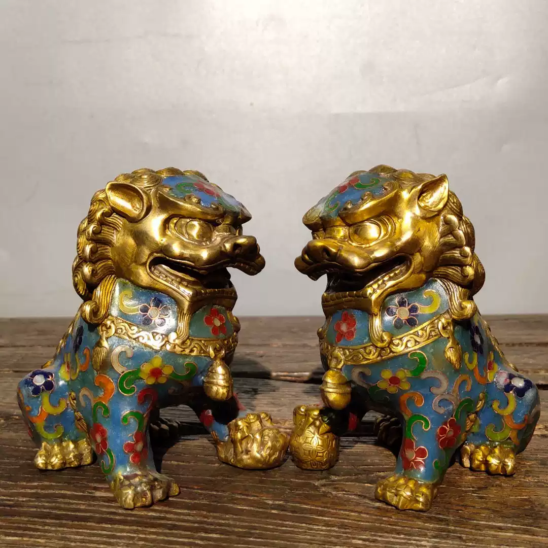 珍藏純銅景泰藍獅子貔貅麒麟手工掐絲琺瑯彩門獅擺件一對