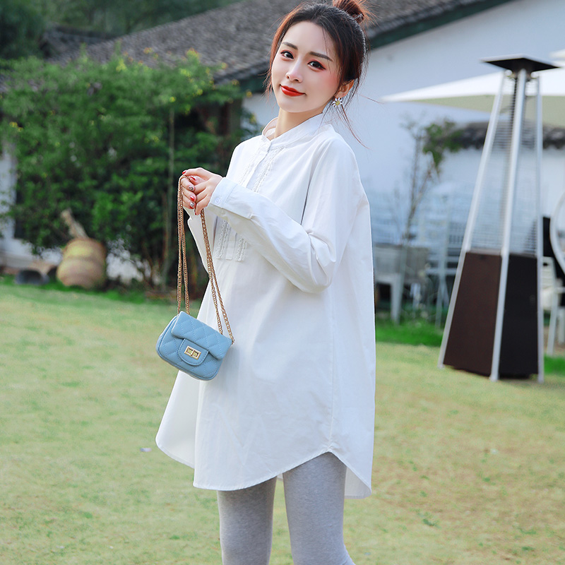 Maternity spring 2021 new fashion suit trendy mom loose cotton round neck medium long shirt top