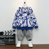 Boys autumn suit 2021 new spring and autumn handsome baby hooded sweater tide ocean air Children denim two-piece set