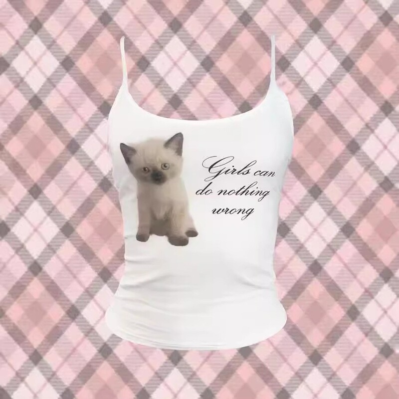 Top Cross-Border Cute Cat Letter Print Tank Top Pure and Innocent Girl Slim Fit Cat Sleeveless Top Women's Clothing Top Cross-Border Cute Cat Letter Print Tank Top Pure and Innocent Girl Slim Fit Cat Sleeveless Top Women's Clothing