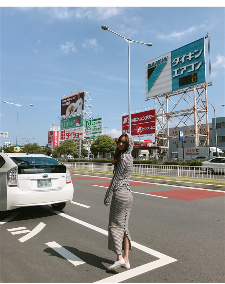 VK旗艦店 韓國條紋外套包臀裙連帽休閒套裝長袖裙裝