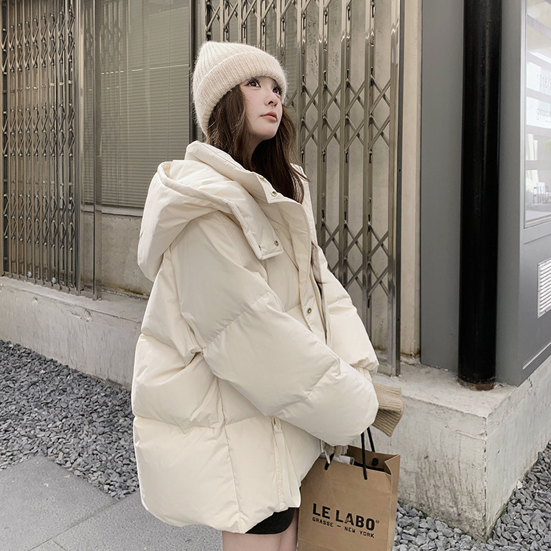 Off-White Hooded down Jacket for Women, Winter 2025 New Korean Style Casual Loose Thickened White Duck down Puffer Jacket