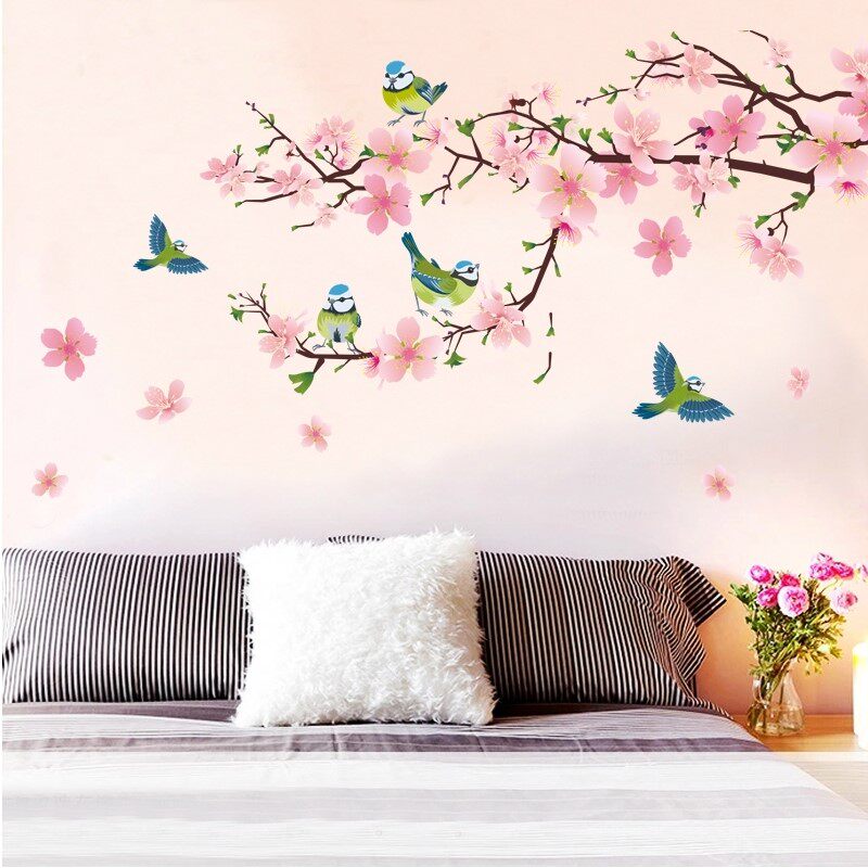 Plum Sticker China Wind Peach Flower Flying Bird Wall Stickler Drawing Room TV Background Wall Stickler Bedroom Decorations Stickler