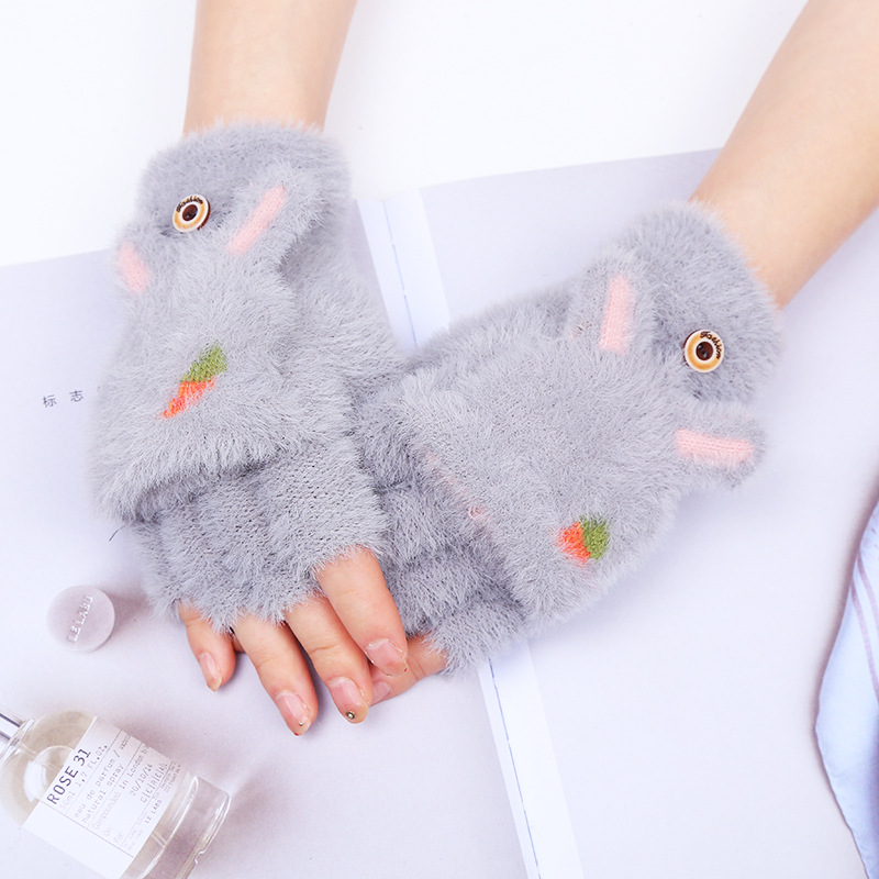 Plush Gloves Women Winter Warm Students Dew Finger Flip Gloves Outdoor Gloves Outdoor Gloves Thickened Anti-Chill Net Red Explosive