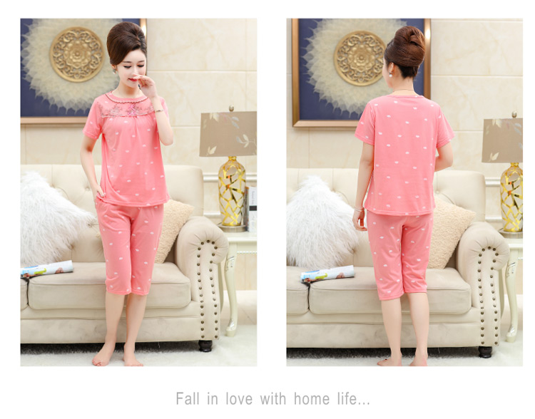 Đồ ngủ mùa hè cho người trung niên và người cao tuổi mùa hè cotton mỏng phần cotton ngắn tay mẹ chồng mẹ 40-50-60 tuổi trung niên - Pyjama đồ bộ cho người 60 tuổi