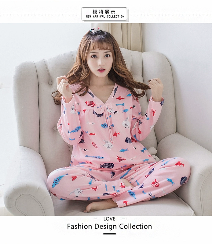 Phong cách Hàn Quốc đồ ngủ nữ mùa xuân và mùa thu cotton tinh khiết dài tay plus fat plus size MM200 catties lỏng lẻo mùa thu và đông dịch vụ tại nhà - Bên ngoài ăn mặc