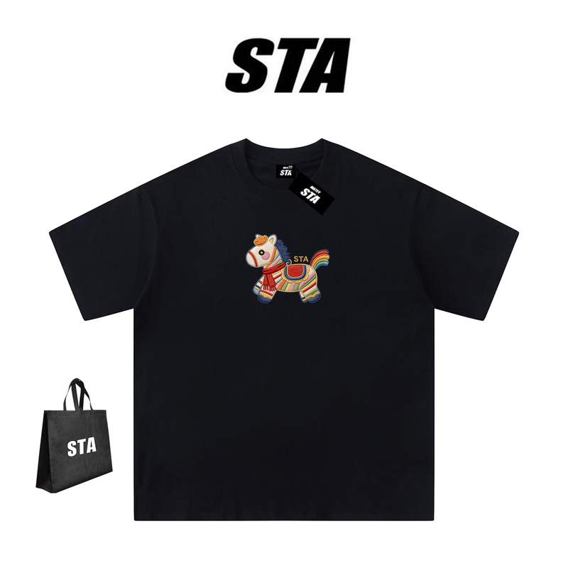 Sta American-Style Trendy Brand Cartoon Imitation Embroidery Print Colorful Pony Short-Sleeve Unisex Loose-Fitting Versatile Pure Cotton T-Shirt for Couples
