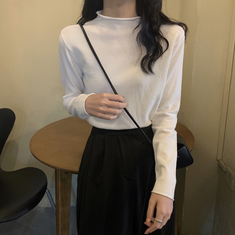 Autumn and winter 2020 new half high collar white curly tight body warm blouse women's long sleeves hitch knit undershirt