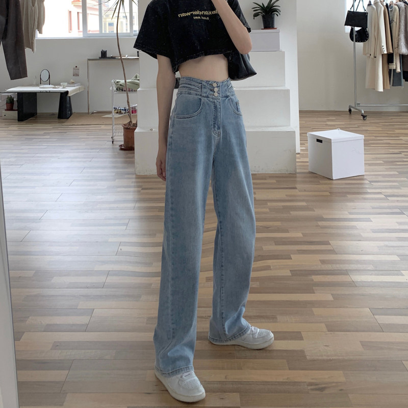 Autumn small taller high waist jeans femalory slim design Slim Design Sense Loose Broadlegged Pants Hot girl Fried Street Straight Pants