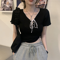 Summer new black 100 hitch short sleeve T-shirt woman thin section V-collar ice-knitted sweatshirt design sense lacing short blouses
