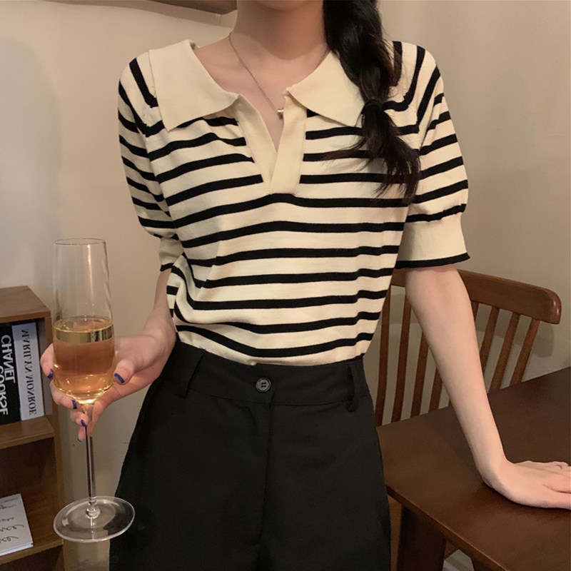 Short sleeve turtlenecks striped T-shirt loose thin section of ice silk-knitted sweatshirt female expats with a small crowdsourced jacket