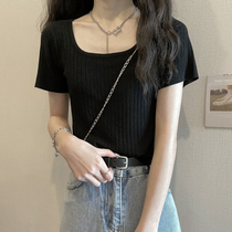 Thin-style square collar ice-knitted sweatshirt short sleeve positive shoulder t-shirt female summer design feeling small and thin black short blouse