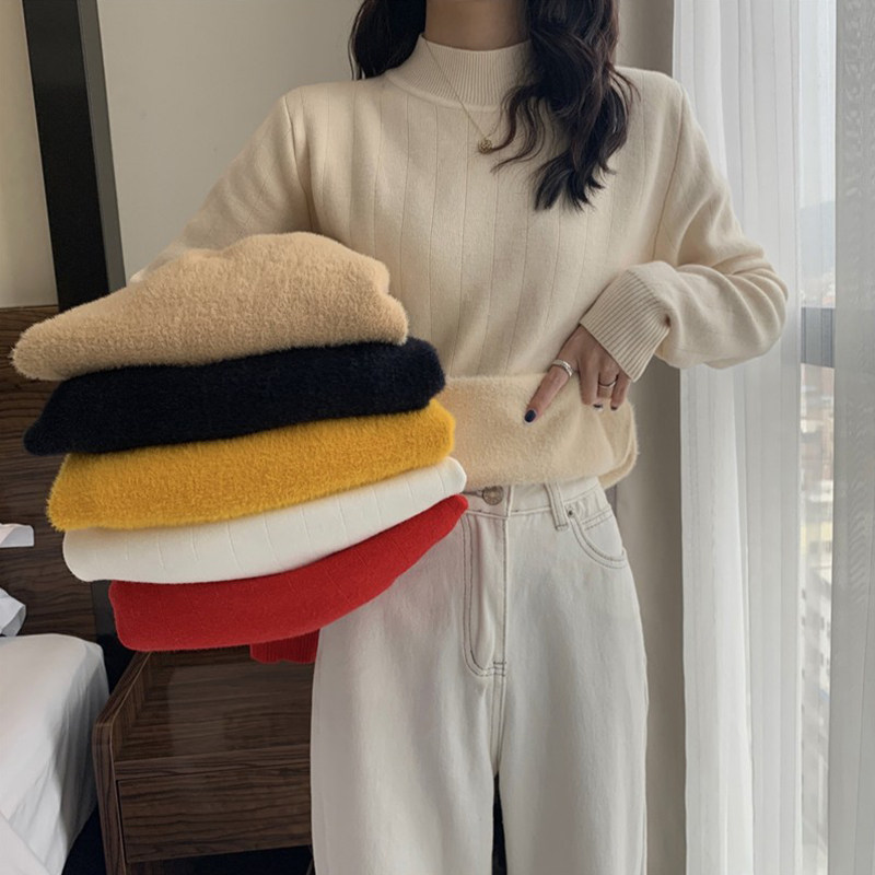 Autumn and winter new warm inner knitted bottoming shirt women's fleece thickened half turtleneck sweater long-sleeved design top