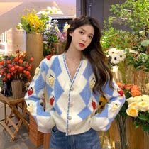 Autumn Winter New Collage Sweater Jacket Woman Cardigan Short Clothing Hook Flower Design Sense V collar Long sleeves Knitted Sweatshirt