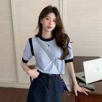 Thin section of round neckline Coloured ice silk needlework short sleeve positive shoulder t-shirt female summer design Sensation Slim and slim short