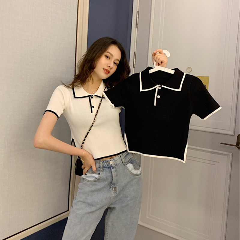 The Korean version of the elegant polo polo collar ice-knitted sweatshirt shorts sexy conspicuos skinny skinny blouse with female summer short sleeves