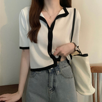 Summer turnover Collarbone Short Sleeve T-Shirt Woman Low Collar Ice Silk Knit Cardigan Design Sensation Small Crowdwear