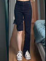 Fall Display Slim High Waist Micro Horn Pants Black Open Fork Jeans Woman Straight Drum Mopping Big Long Leg Pants Broadlegged Pants