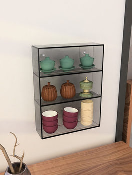 Acrylic wall-mounted colored tea set cup storage shelf wall cabinet coffee mug hole-free layer cabinet
