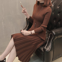 Long sweater skirt over the knee 2020 new autumn and winter semi-high neck knitted dress slim Korean version of the inner tie base shirt