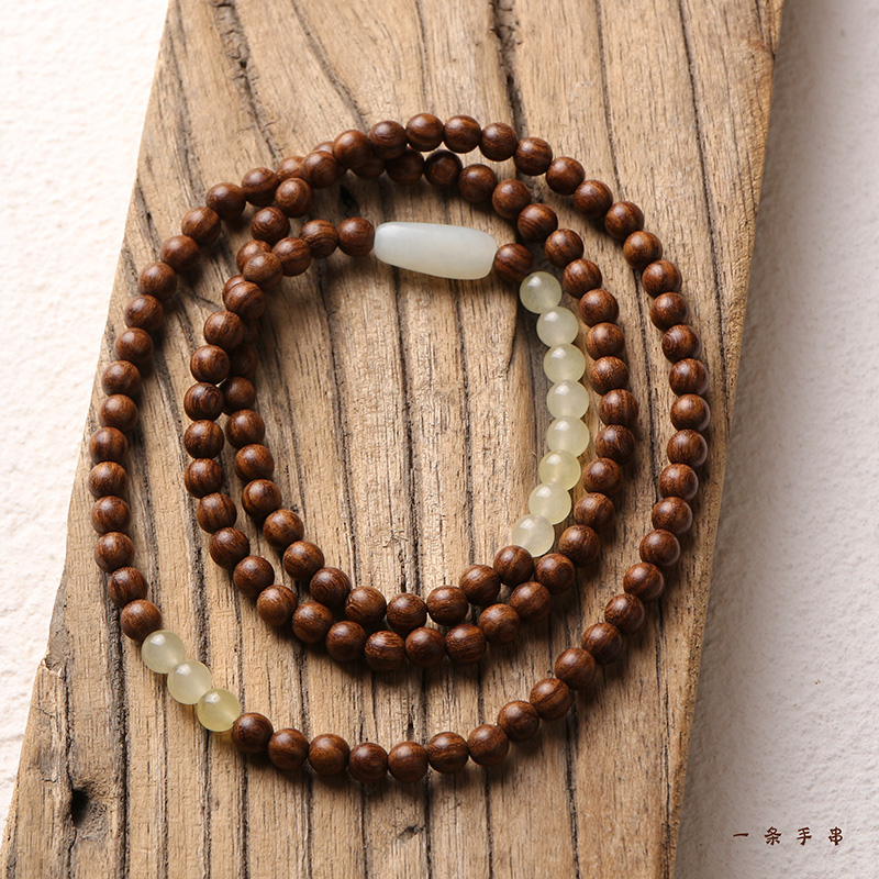 Handmade Sandalwood Bracelet Gold Silk Sandalwood Buddha Beads 108 Hetian Jade Retro Style Multi-circle Sandalwood Wooden Bracelet