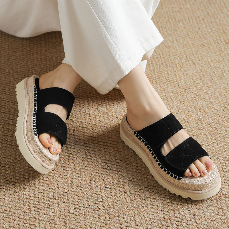 Cowhide ~ Ultra-Light 5cm Platform Thick-Soled Slippers for Women, Suitable for Outdoor Wear in Summer, with Velcro Straps, Soft-Soled Straw Woven Fisherman Shoes