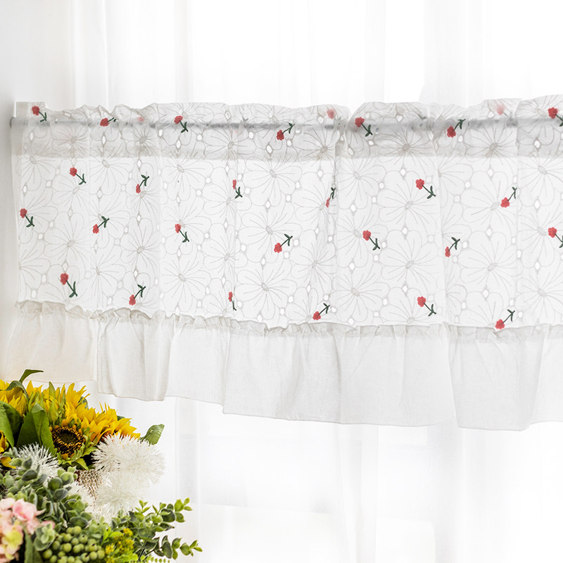 White embroidery small floral half curtain American retro coffee cord fabric short curtain bedroom short window partition curtain free punch