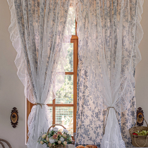 American Countryside Curtains Retro Printed Small Short Curtain Bedroom Living Room Rental House Blue Plant Flower Lace Yarn Curtain