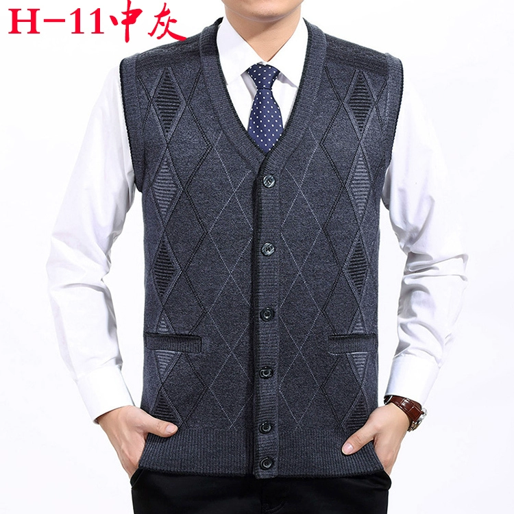 Mùa xuân và mùa thu dệt kim đan vest nam trung niên của nam giới v-cổ cardigan mỏng cashmere vest ông nội vest vest áo len khoác mỏng