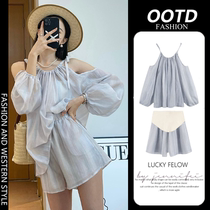 Maternity suit summer niche age-reducing style shorts top off-shoulder thin petite shirt two-piece trendy suit