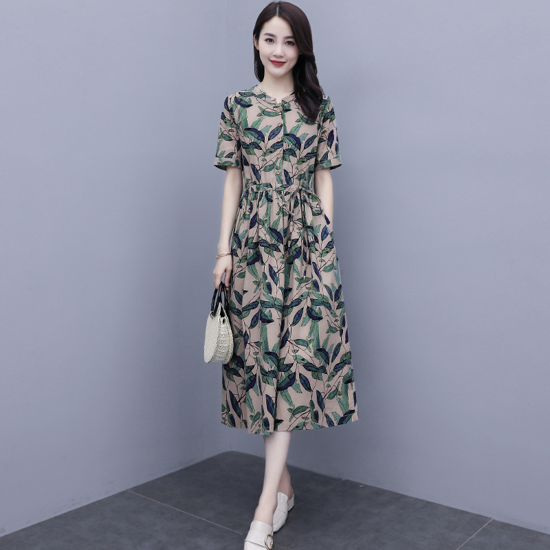 Cotton and linen dress women's 2022 new Korean version of the slim skirt fashion printing mid-length version of the casual waist skirt trendy
