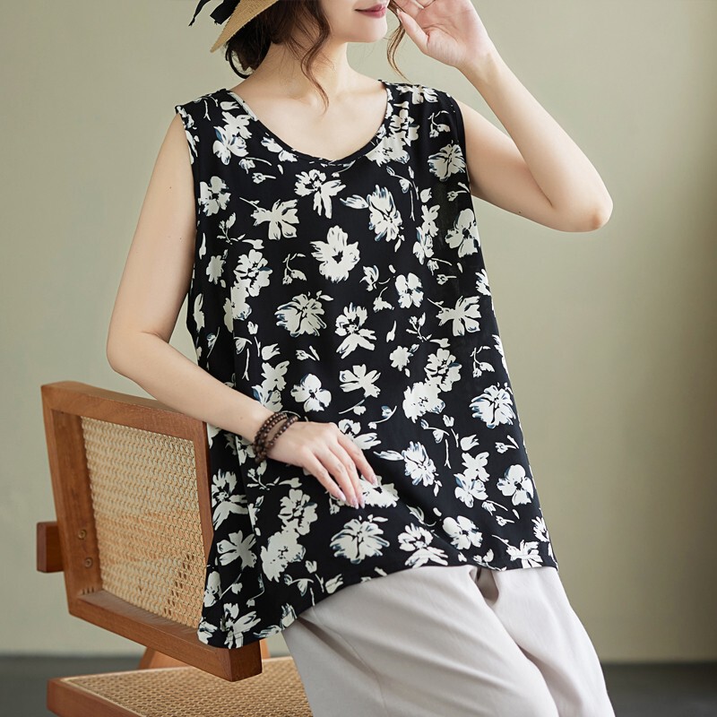 Middle-Aged and Elderly Mothers' Large-Size Retro Printed Tops for Women, Summer Cotton Silk Stylish Sleeveless Base Shirt, Loose-Fitting Vest