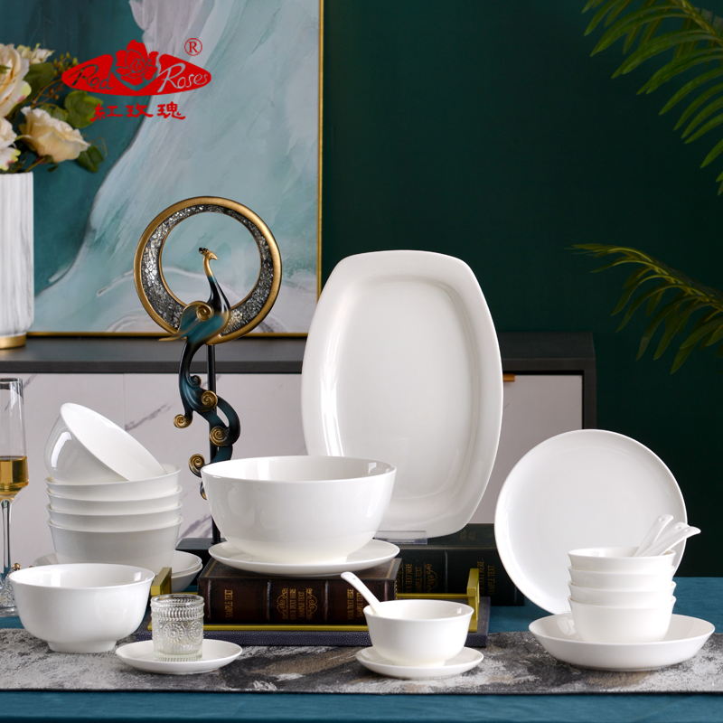 Tangshan Red Rose Bone China Porcelain Cutlery Cutlery Sets Household Dish Minimalist Pure White Bowl Pan Chinese Dishwasher applicable
