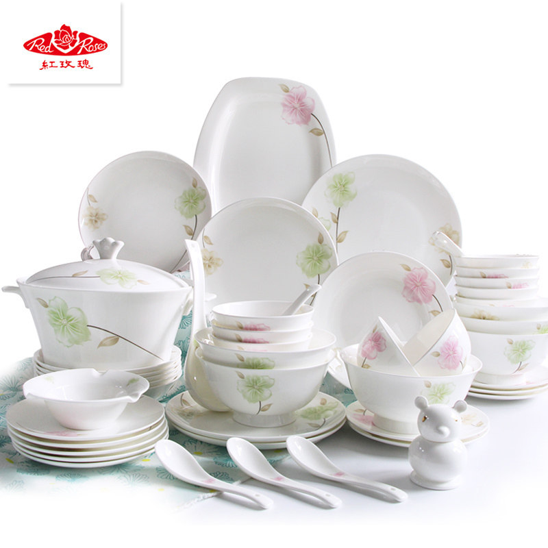 Tangshan Red rose bone China tableware set Household Korean dishes plate microwave wedding gift Simple small fresh