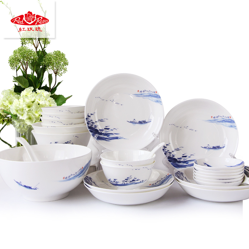 Tangshan ipads glair household dish dish box Chinese ink painting wind 6 porcelain tableware suit bag in the mail