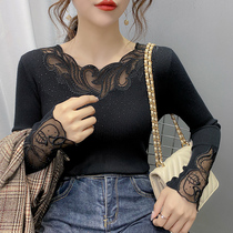  Korean womens lace embroidery knitwear bottoming shirt Long-sleeved slim-fitting thin round neck sweater autumn inner match