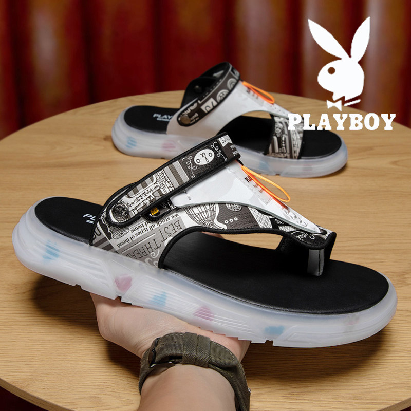 Floral Playboy slippers male summer Outer wear thick bottom non-slip ins Chains Herringbone Drag Sports Sandals Men's Beach Shoes